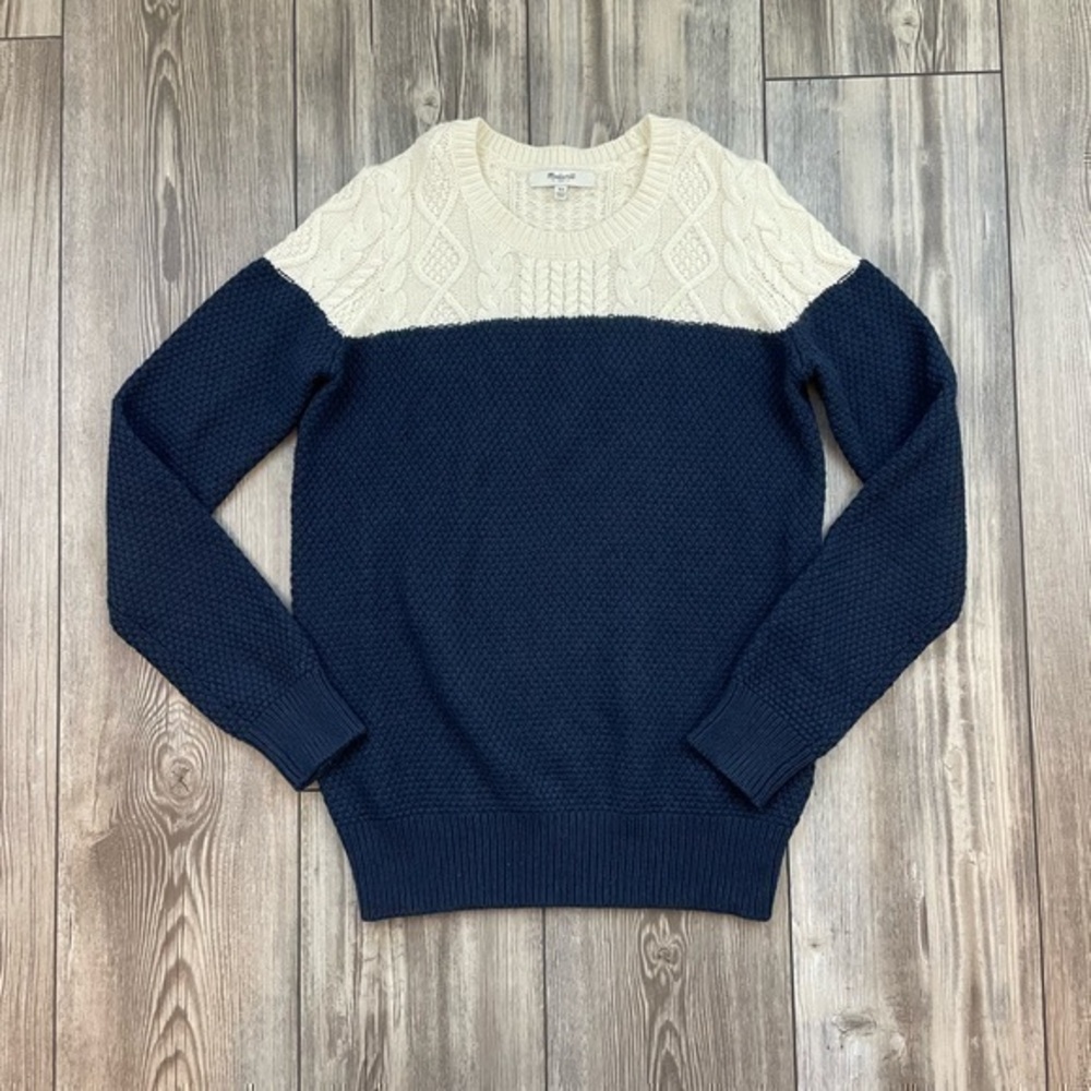 Madewell Cable Knit Sweater | Navy & Cream | Size XS